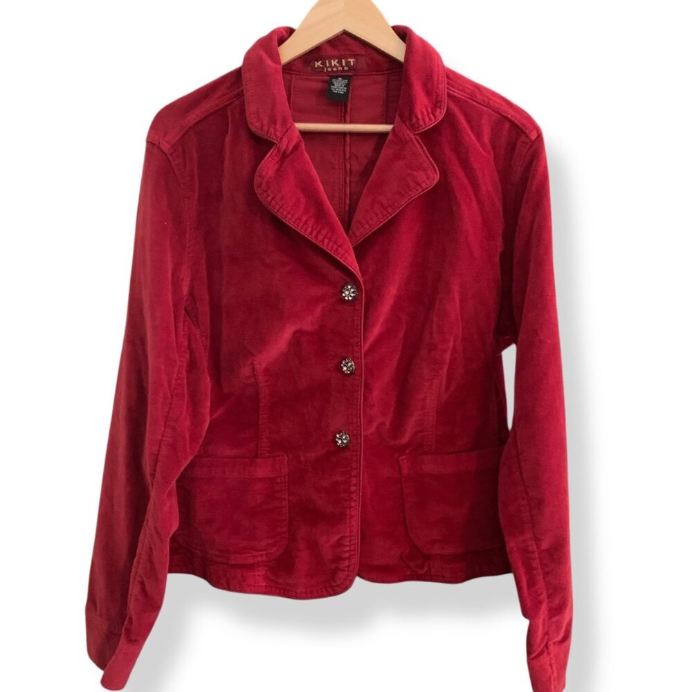 Y2K Women's Red Corduroy Blazer Rhinestone Buttons Red Silk Piping Jacket XL - Picture 8 of 16
